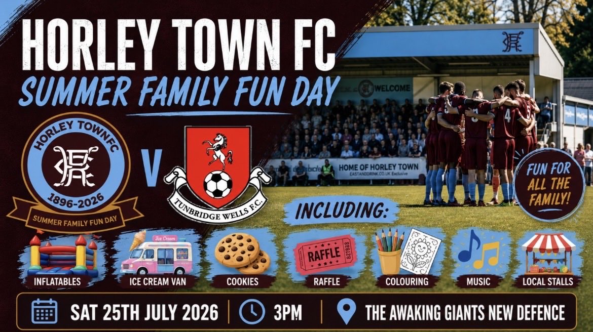 HorleyTownFC's tweet photo. 𝗔𝗻𝗻𝗼𝘂𝗻𝗰𝗶𝗻𝗴 𝗢𝘂𝗿 𝗙𝗮𝗺𝗶𝗹𝘆 𝗙𝘂𝗻 𝗗𝗮𝘆 ⚽️

On Saturday 25th July we will host @Tun_Wells_FC in our annual summer family fun day!! 

This community event is in its third year and is free entry for all!  

Doors open at 1:30pm and will feature lots of fun for all ages including inflatables, sweet treats, colouring, raffle, live music and lots of local stalls #HTFC 💜💙