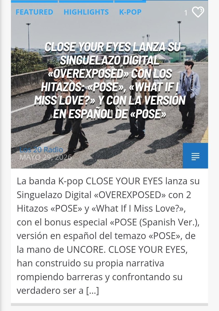 Los20Radio's tweet photo. La banda K-pop CLOSE YOUR EYES (@closeyoureyes_7) lanza su Singuelazo Digital «OVEREXPOSED» con los Hitazos: «POSE», «What If I Miss Love?» y con la versión en español de «POSE» #UNCORE-Vía @Los20Radio ℹ️👇
🔗https://t.co/9DmIERevrk
#Recomendado #CLOSEYOUREYES. #CYE #OVEREXPOSED https://t.co/hlAbkQZ9Pn