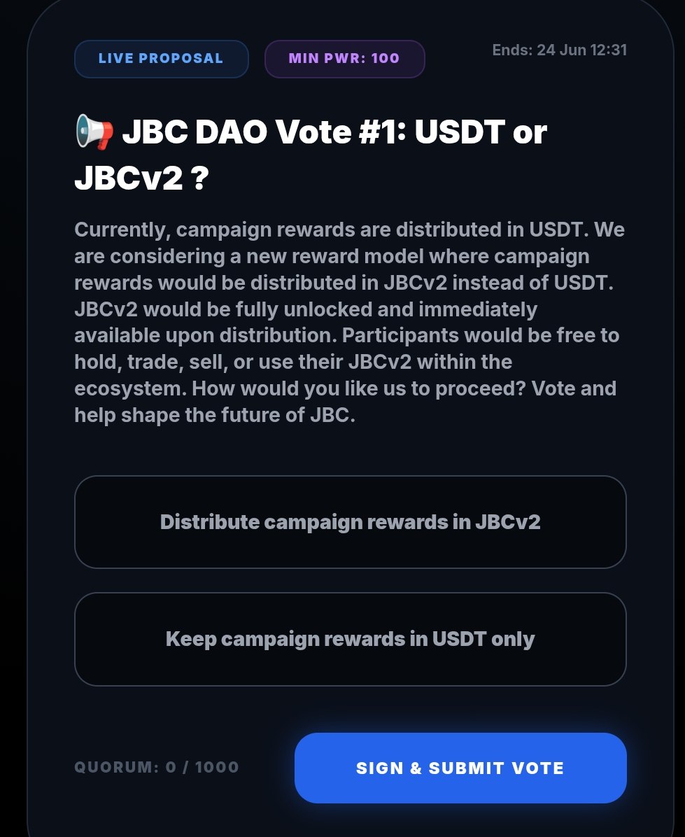 JBCcollective's tweet photo. 🗳️ $JBC DAO Vote #1 is now LIVE!
🤝The future of JBC is in the hands of the community.
🔥Your vote matters🔥

This is your opportunity to directly influence how rewards are distributed and help shape the next phase of the JBC ecosystem.
🔹 Vote for the reward model you believe benefits the community most
🔹 Make your voice heard
🔹 Participate in decentralized governance

🔥Together, we're building a community-driven future where every holder has a say.

Cast your vote before the proposal ends and be part of JBC history✨✨✨

#JBC #JBCDAO #DAO #Governance #Web3 #VoteNow