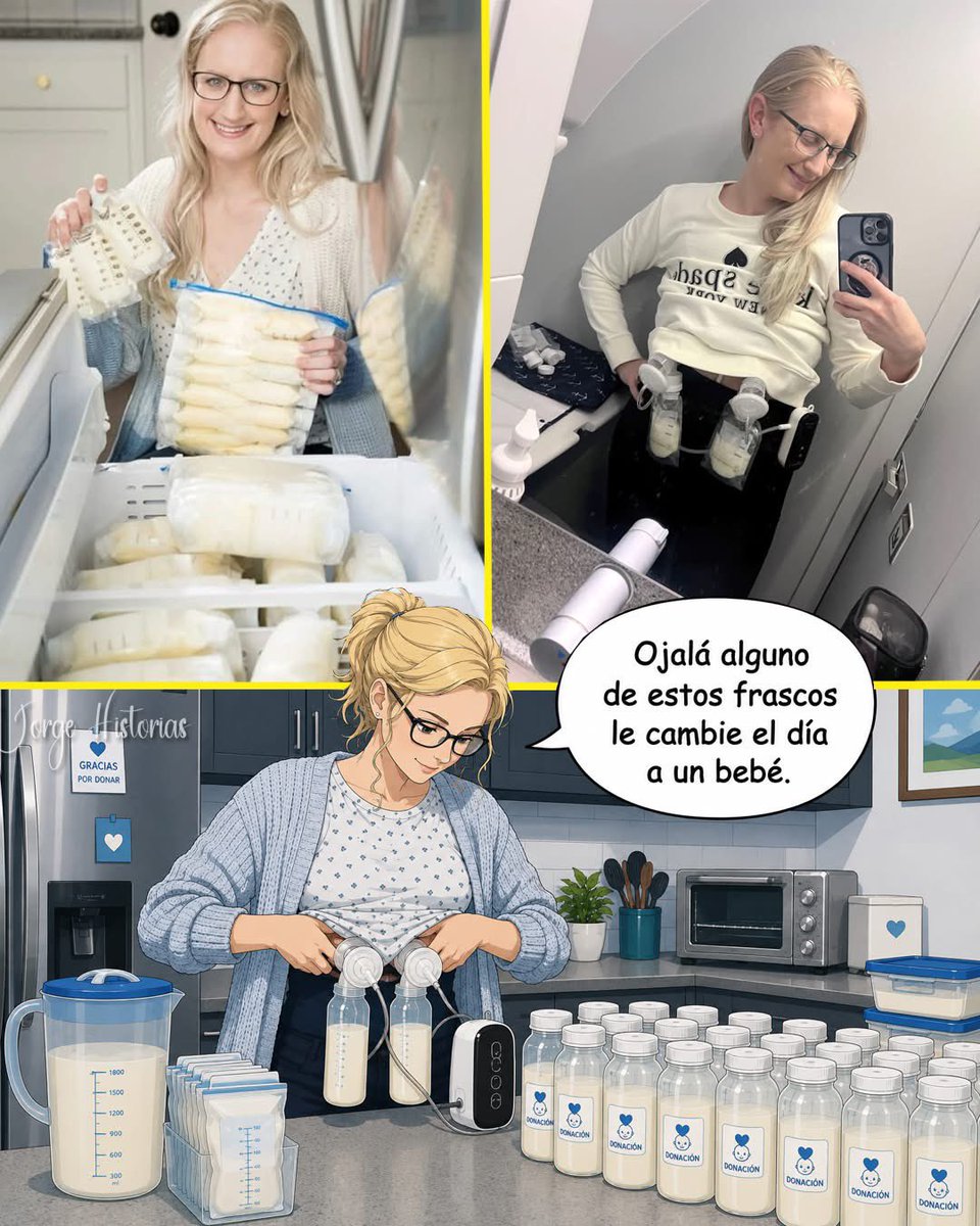 AStoryHope's tweet photo. It produces ten times more milk than the average mother, and has been donating it to babies who need it for years.

Elisabeth Anderson-Sierra lives in Oregon, United States, and has an uncommon condition called Hyperlactation Syndrome, which causes her body to produce extraordinary amounts of breast milk, about 1.75 gallons a day, almost ten times more than a normal mother.

Far from just seeing it as a burden, he decided to turn it into a way of helping out. He devotes between three and five hours each day to extract milk, a routine he has maintained for years and has allowed him to donate more than 600 gallons to premature and newborn babies with health issues.

They call her "The Milk Goddess," but those who know her story say the most admirable thing isn't how much she produces, but what she chose to do with it.