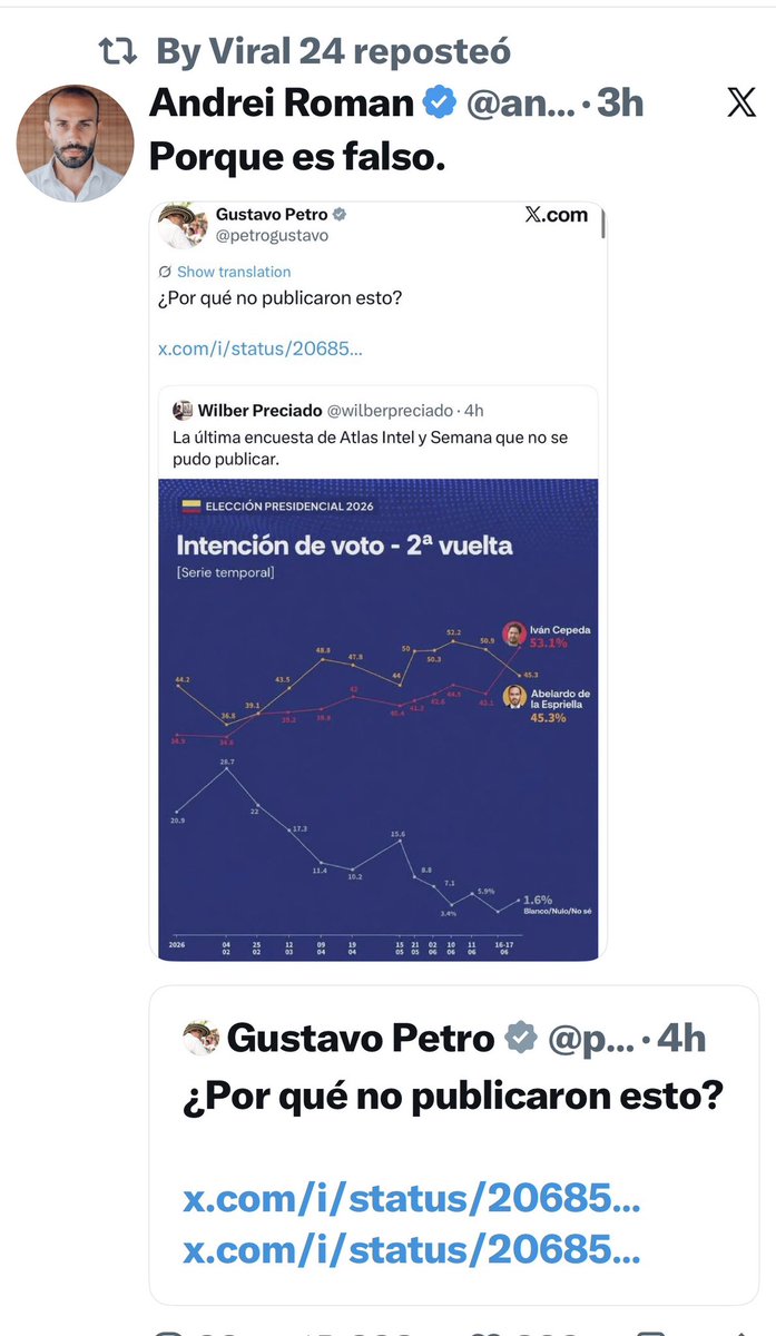 jcvelezuribe's tweet photo. El presidente @petrogustavo en medio del desespero porque su candidato no repunta, publica en sus redes una encuesta FALSA (el mismo presidente de ATLAS-INTEL lo desmiente) con el ánimo de confundir al ciudadano. Mañana mismo interpondremos QUEJA DISCIPLINARIA por indebida participación en política. Ciudadano dese cuenta de cómo ha actuado el presidente Petro ENGAÑÁNDOLO a Usted.