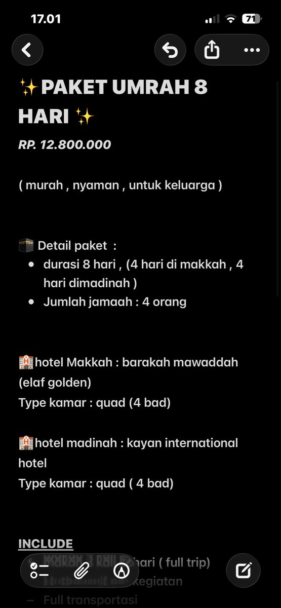 AljamhiryI89053's tweet photo. Assalamualaikum warga x .
Ada yang mau berangkat umrah di bulan agust?
Ini saya bantu buatin paket LA umrah di bulan agust yang murah , hanya 12 jutaan https://t.co/Z6liY5QiGR