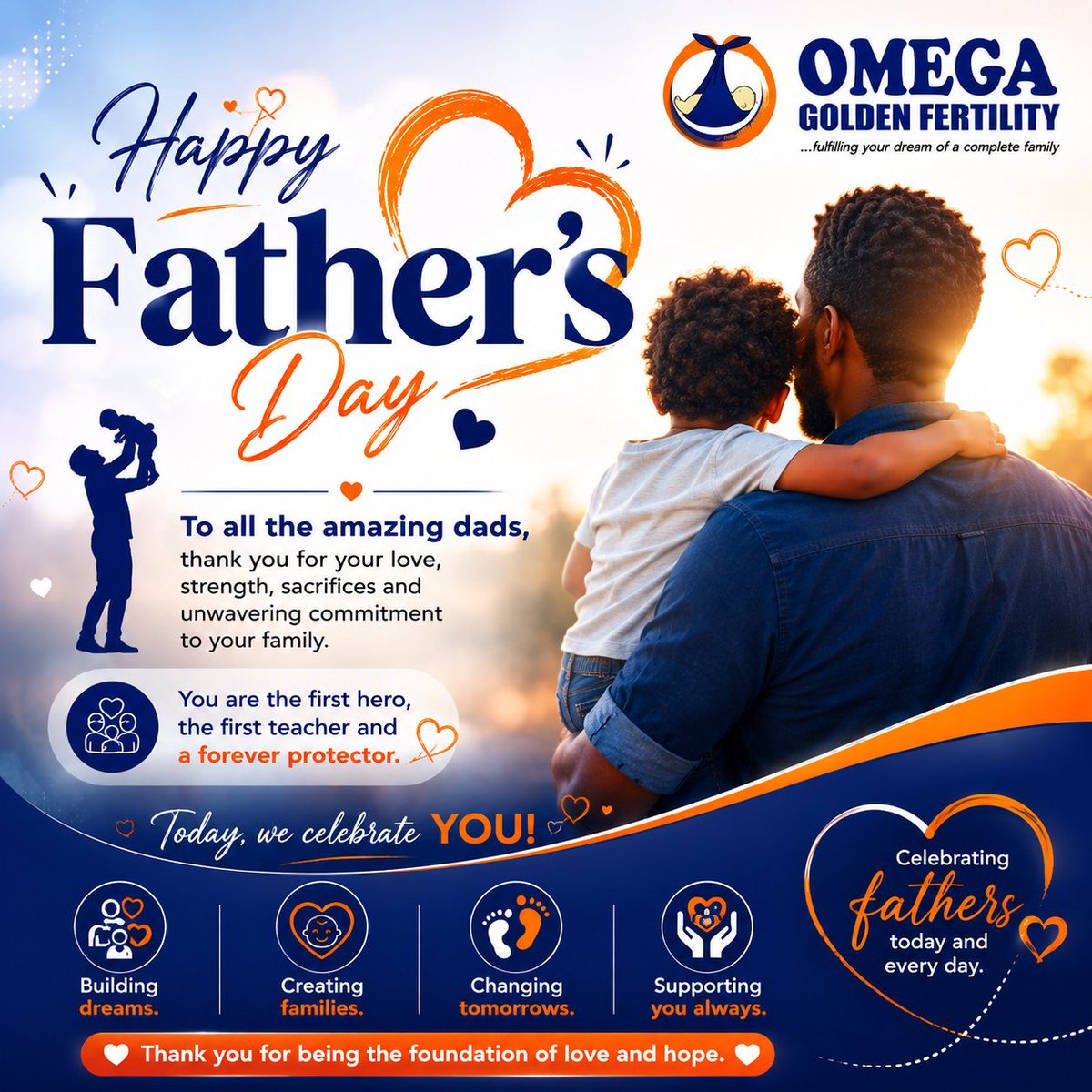 FertilityOmega's tweet photo. 💙 Happy Father's Day! 💙

Today, we celebrate the incredible fathers and father figures whose love, strength, sacrifice, and unwavering support shape families and inspire generations.

#HappyFathersDay #FathersDay2026 #OmegaGoldenFertility #CelebratingFathers #Fatherhood https://t.co/q53fj514zB