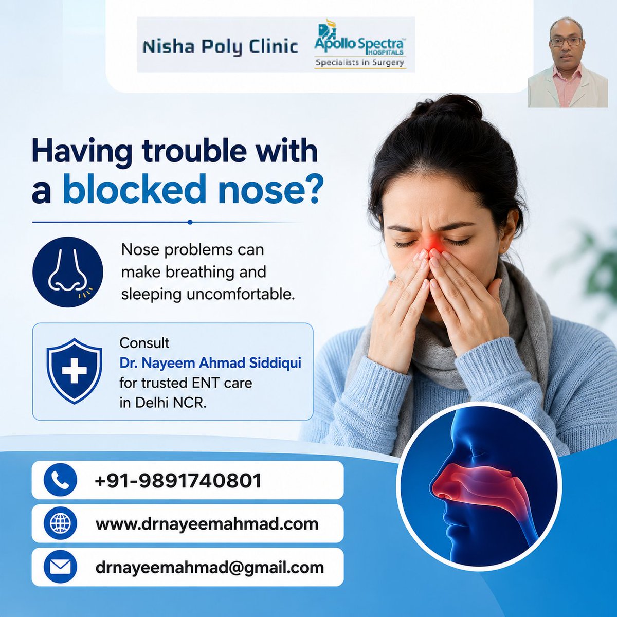 Dr_Nayeem_Ahmad's tweet photo. Having trouble with a blocked nose?
Nose problems can make breathing and sleeping uncomfortable.
Consult Dr. Nayeem Ahmad Siddiqui for trusted ENT care in Delhi NCR.
📞 +91-9891740801
🌐 https://t.co/tu7O8RgfK9
drnayeemahmad@gmail.com
#BlockedNose #ENTCare #NoseProblems https://t.co/7uqUEyzOR1