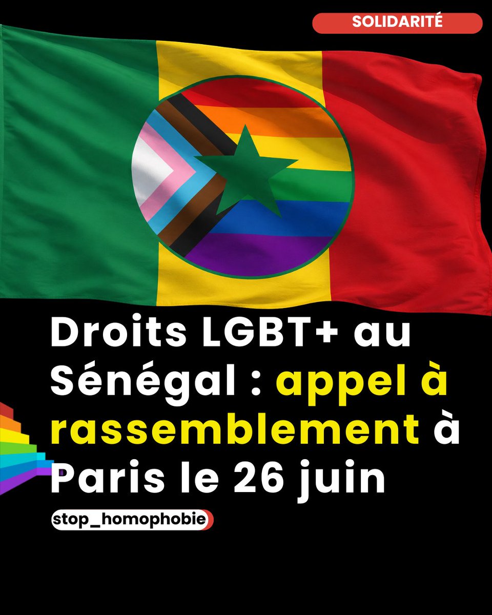 stop_homophobie's tweet photo. ILS DISENT :
« Les LGBT ne respireront plus dans ce pays. »

NOUS RÉPONDONS :
« Nous respirerons. Nous vivrons. Nous aimerons.
Nous sommes le Sénégal. 🇸🇳🏳️‍🌈 »

📍 Vendredi 26 juin - 12h
📍 Ambassade du Sénégal, Paris

Un rassemblement citoyen, à l’appel de membres de la diaspora sénégalaise et d’associations, pour alerter sur la situation des personnes LGBT+ au Sénégal.

Ces derniers mois, les témoignages se multiplient : violences, stigmatisation, peur, départs forcés.
Dans un contexte de durcissement de la législation, beaucoup ne peuvent plus vivre librement — parfois même simplement exister.

Face à cela, les organisateurs refusent le silence.

👉 Ils demandent :
* l’ouverture d’un dialogue avec les autorités sénégalaises
* le respect de la dignité et des droits fondamentaux
* la protection des personnes menacées

Ce rassemblement se veut pacifique et respectueux, mais déterminé.

✊ Pour rendre visibles celles et ceux qu’on veut invisibiliser
✊ Pour porter une voix que d’autres ne peuvent plus faire entendre
✊ Pour affirmer qu’aucun·e citoyen·ne ne doit être exclu·e de la nation

STOP homophobie soutient cette mobilisation.

Parce que défendre les personnes LGBT+,
c’est défendre les droits et les libertés de toutes et tous.

🔗 https://t.co/W7fdZezh5k

#NousSommesLeSenegal #LGBT #DroitsHumains #StopHomophobie #Paris #Diaspora #Justice #Egalite