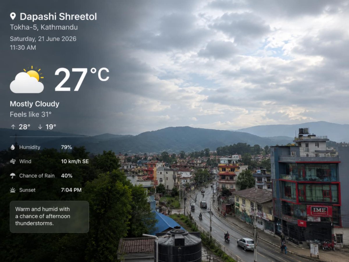 BishwasLimb2's tweet photo. The image represents a warm, humid monsoon day in Dhapasi, where temperatures are comfortable but the air feels warmer because of https://t.co/B7yCgIPpR6 the area of Dapashi shreetol,the weather has 27°C in Nepal. https://t.co/te2LIFFo9R