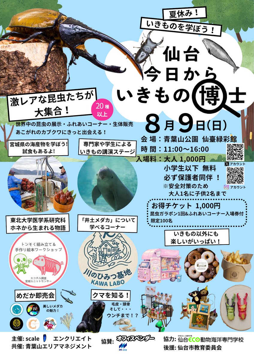 ky0kara_hakase's tweet photo. 今年の夏休みは、青葉山公園でいきものを学ぼう❗

20種以上の激レア昆虫や専門家からいろんな生き物を学べるブース、楽しいワークショップ、遊びコーナー、バラエティに富んだキッチンカーが大集合する特別な1日をお届けします✨

ご来場お待ちしております！ https://t.co/f0wS3ZPK66