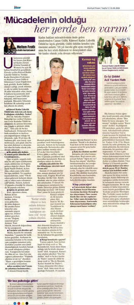 tkdfederasyon's tweet photo. TKDF Başkanı Canan Güllü, Meltem Fıratlı’nın Hürriyet Pazar için gerçekleştirdiği röportajda 38 yıllık kadın hakları mücadelesini, Ev İçi Şiddet Acil Yardım Hattı’nın önemini ve eşitlik mücadelesindeki deneyimlerini anlattı.

“Mücadelenin olduğu her yerde ben varım.”

@PazarHurriyet