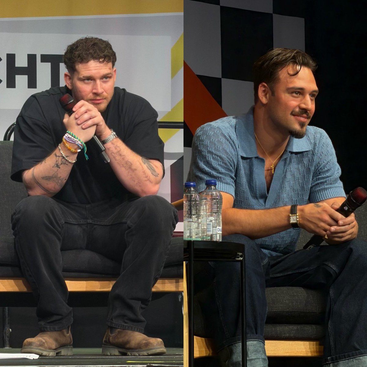 beck_buckleyy's tweet photo. oliver's curls and his black shirt making his blue eyes and tattoos pop vs ryan's slut strand and blue shirt making his brown eyes pop. pretty princesses https://t.co/jXbdS7csJ0