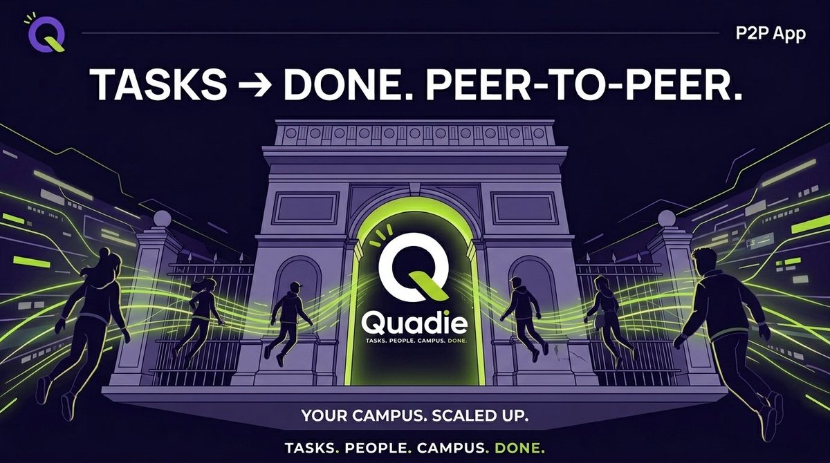 Quadie_Official's tweet photo. What is Quadie?
A hyper-local campus marketplace built for students. Need an errand run, lunch delivered, or lecture notes printed? Post it.
Want to turn your daily walks between classes into cash? Run it.
Closed, secure, student-only ecosystems.
A Thread 🧵
#Quadie https://t.co/ajGnZ3eOJ3