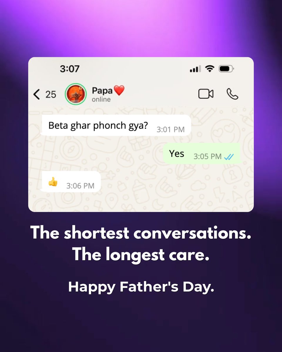 Rankvertise_'s tweet photo. "Yeh jis raste pe tum nikle ho na abhi...
Tumhara baap iss raste ke finish line pe khada hai."

— Samay Raina

He's already walked the road you're trying to figure out.
The generation that provided everything.
Except updates about themselves.

Happy Father's Day. ❤️ https://t.co/FjtFXvWlsk