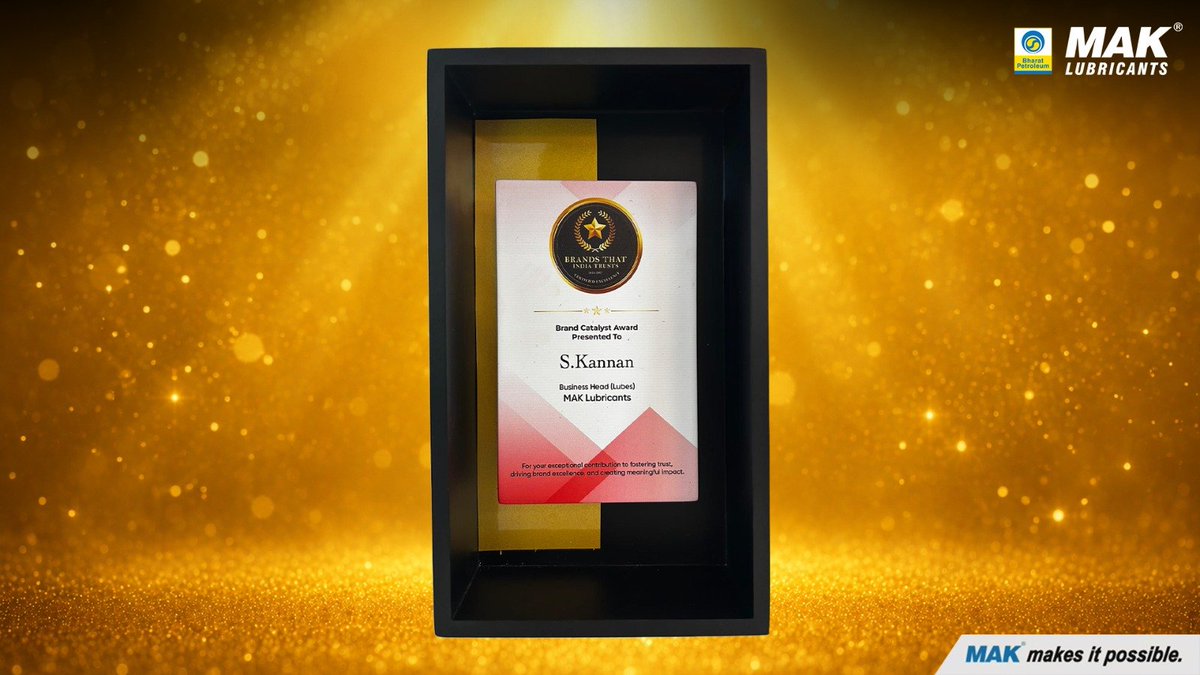 BPCLMakLubes's tweet photo. We are proud to share that Mr. S. Kannan, Business Head (Lubes), has been conferred with the prestigious 'Brand Catalyst of the Year' award by AdEnTech at the AET Summit in Mumbai.

This recognition reflects his leadership, vision, and commitment to building a brand that continues to earn the trust of customers through quality, innovation, and excellence.

We thank our customers, partners, and stakeholders for their continued trust and support, which inspire us to keep raising the bar every day.

#BrandsThatIndiaTrusts2026 #BrandCatalystOfTheYear #MAKLubricants #Leadership #CustomerTrust #MAKMakesItPossible 

@BPCLRetail1 @BPCLimited