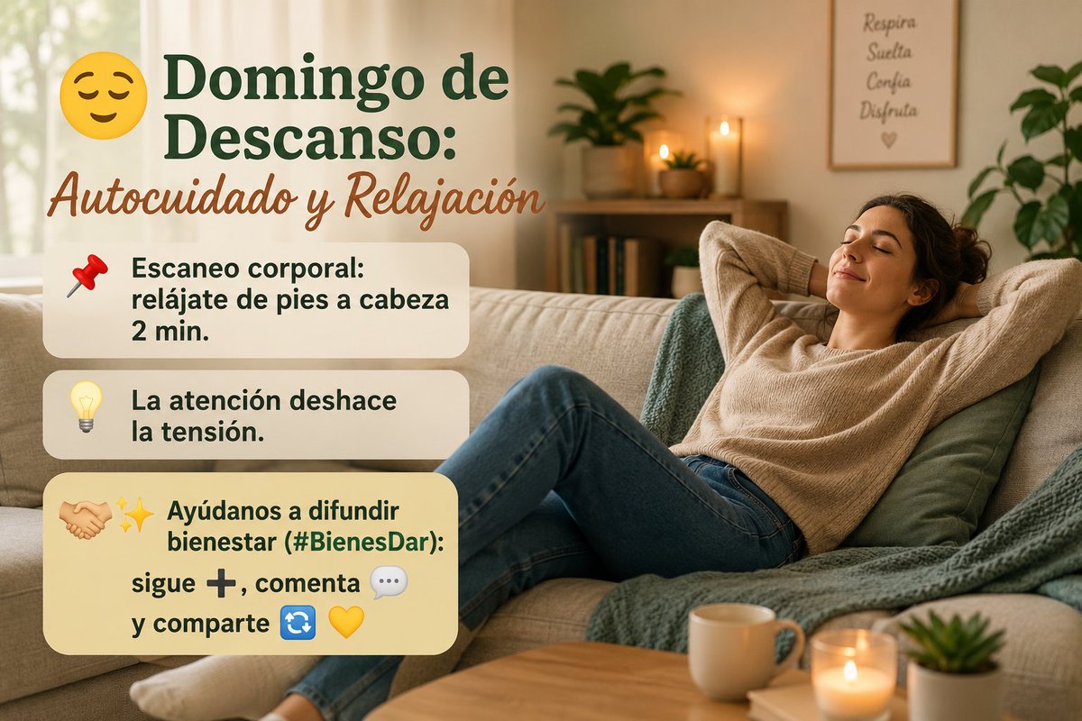 BienesDar's tweet photo. 😌 Domingo de Descanso: Autocuidado y Relajación
 📌 Escaneo corporal: relájate de pies a cabeza 2 min.
 💡 La atención deshace la tensión.
 🤝✨ Ayúdanos a difundir bienestar (#BienesDar): sigue ➕, comenta 💬 y comparte 🔁 💛 https://t.co/rGUPCVxmYT