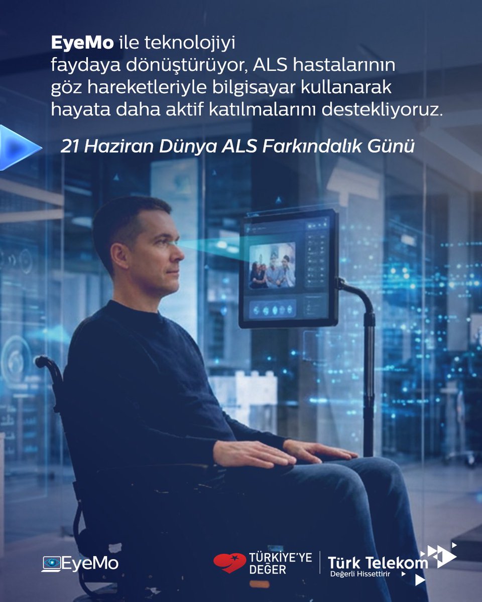 turkiyeyedeger's tweet photo. EyeMo teknolojisi sayesinde, ALS ile yaşayan bireylerin dijital dünyayla bağını güçlendiriyoruz!
 
Yalnızca göz hareketleriyle bilgisayar kullanımına imkân tanıyan EyeMo, ALS ve benzeri kas hastalıkları ya da felç nedeniyle ellerini kullanamayan bireylerin ışık, klima ve televizyon gibi çevre ekipmanlarını kontrol etmelerine olanak tanıyarak dijital dünyaya erişimlerini kolaylaştırıyor.
 
Dünya ALS Günü'nde, dijital dünyanın hayatı kolaylaştıran gücüne dikkat çekiyor, teknolojiyi iyilik ve faydaya dönüştürmeye devam ediyoruz.

#TürkiyeyeDeğer #DünyaALSFarkındalıkGünü
#EyeMo