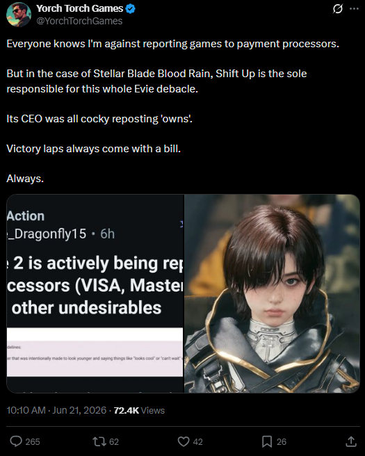 OtakuEspiritu's tweet photo. I feel like the hate for Stellar Blade Blood Rain feels so forced, but that being said, these types of people are rather stupid and insane in how they try to think.

It all comes down to this: a young-looking adult is seen as a child in their minds, so they want to destroy the game so others can't enjoy it.

Yet when the same happens to the games they like, they will be the first to cry that censorship is bad.