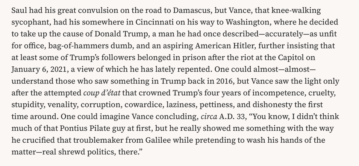 RichardHanania's tweet photo. Amazing thing about Vance: he hated Trump in 2016, but after the corruption and January 6, "realized" he was wrong and Trump was actually a great guy. Does anyone honestly think Vance would be pro-Trump if the party had turned against him? https://t.co/ZGxLYJPkJ5