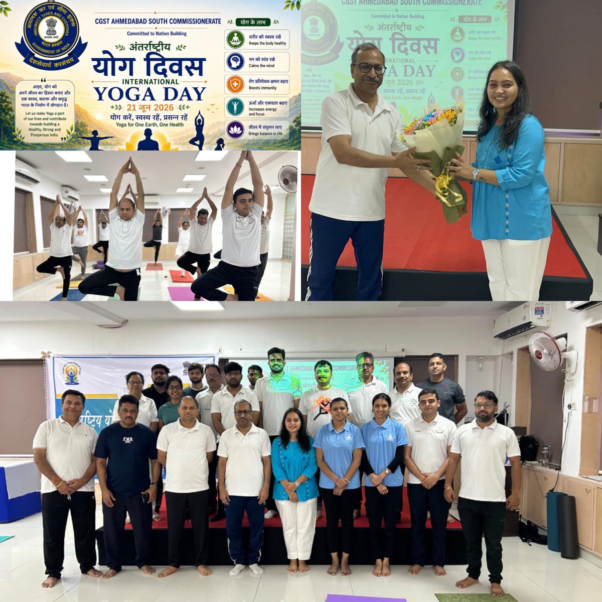 SouthCgst's tweet photo. CGST Ahmedabad South celebrated International Day of Yoga 2026. Officers and staff performed various yoga asanas and breathing exercises and committed to incorporate yoga into their daily lives. Let us embrace yoga for a healthier and happier future.@cbic_india https://t.co/0GRMfyfrsG