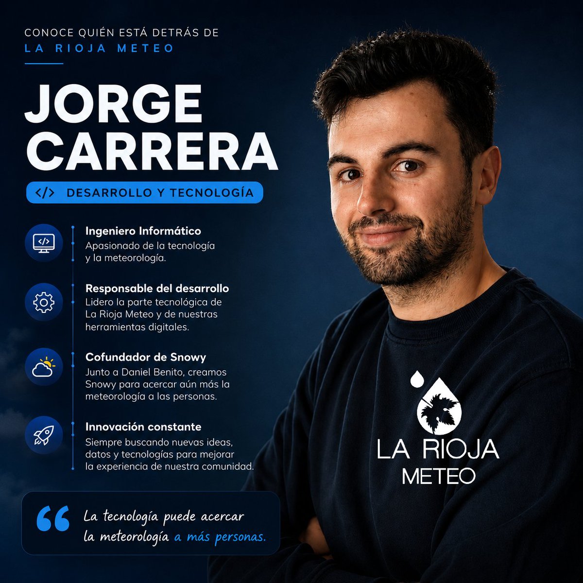 lariojaMeteo's tweet photo. 👋 En los últimos meses se han unido miles de nuevos seguidores a La Rioja Meteo, así que creemos que es un buen momento para presentarnos.

🌦️ Daniel Benito, fundador del proyecto en 2012. 

💻 Jorge Carrera, responsable del desarrollo tecnológico.

¿Desde cuándo nos seguís? 👀 https://t.co/n74274xhaH
