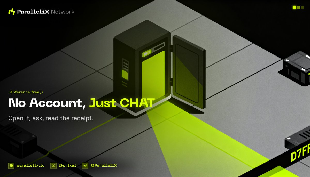 prlxai's tweet photo. Try the network without a wallet, an account, or a key.
Open ParalleliX AI, type a question, get an answer served whole by a real node. 30 free messages an hour, no signup.
The front door to the whole thing: https://t.co/Bx4gbdM0cE
#ParalleliX #AI #FreeMode https://t.co/aeszZW6NWj