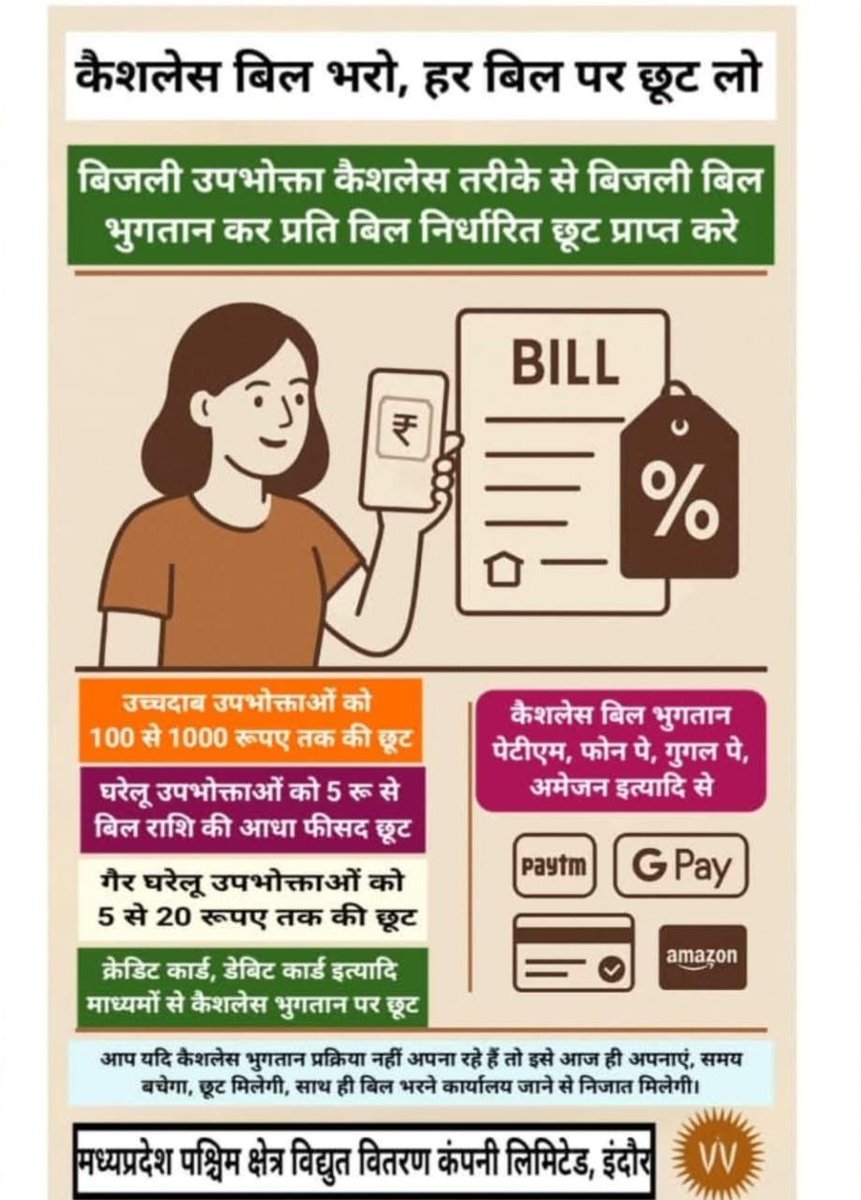 MPEBIndore's tweet photo. #CashLessBillPayment #EasyBillPayment #DigitalPaymentPlatforms #Rebate #OnlineBillPayment #DiscountOnEveryBill #PayYourElectricityBill #Mppkvvcl #Mpebindore #Westdiscom https://t.co/z9yzW1Oyk1
