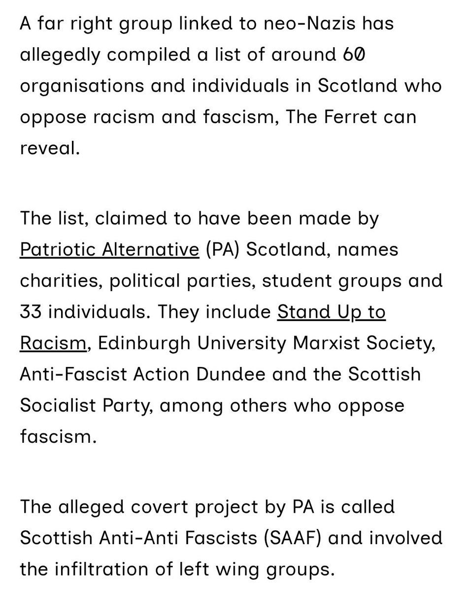 The_SSP_'s tweet photo. The SSP are aware that we have been named in a document produced by the far-right group Patriotic Alternative as an organisation to target with intimidation and threats.

No amount of intimidation or threats will stop the SSP from confronting fascism and racism. We view our inclusion on this list as a badge of honour - we will never back down in the face of vile racism.

We are and always will be a proudly anti-racist, anti-fascist Party.

(Via The Ferret: https://t.co/5XtoHdqXGM)

#Racism #Fascism #AntiRacist #AntiFascist #Solidarity