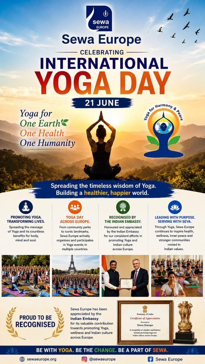 sewaeurope's tweet photo. 🌏🧘Celebrating #InternationalYogaDay2026

Through our #Yog4Sewa project, we organise yoga sessions across Europe.

Proud to be recognised by the Indian Embassy for promoting Yoga &amp; Indian culture.

🌎One Earth|💚One Health|🤝One Humanity

🌐 https://t.co/RV1tRt2t4U https://t.co/OjMQUZ7i3v