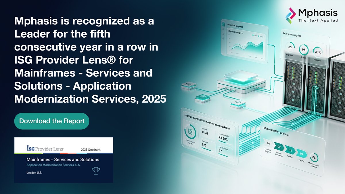 Mphasis's tweet photo. Mphasis has been positioned as a Leader for the fifth consecutive year in the ISG Provider Lens™, US for Mainframes - Services and Solutions - Application Modernization Services, 2025!  ​

This recognition highlights our unwavering commitment to innovation and excellence. Discover what sets us apart! ​

Download the report to learn more about our strengths and capabilities. https://t.co/gg7fv4x0D7

#ISG #ApplicationModernization #ApplicationModernizationServices #StayAhead #EngineeringIsInOurDNA #IntelligentEngineering #AIWithoutIntelligenceIsArtificial