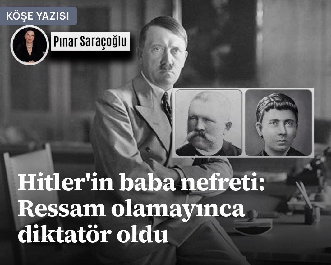 pinarsaracoglu_'s tweet photo. Hitler’in baba nefreti: 
RESSAM OLAMAYINCA DİKTATÖR OLDU

“Hitler ergenlik dönemine kadar babasının şiddeti ve annesinin sevgisi arasında yaşadı. 14 yaşındayken babasını, 18 yaşındayken de annesini kaybetti. Hitler’in psikolojisi üzerine yapılan araştırmalarda Oedipus karmaşası yaşadığı düşünüldü...”

https://t.co/RTa7q8ZSAH
