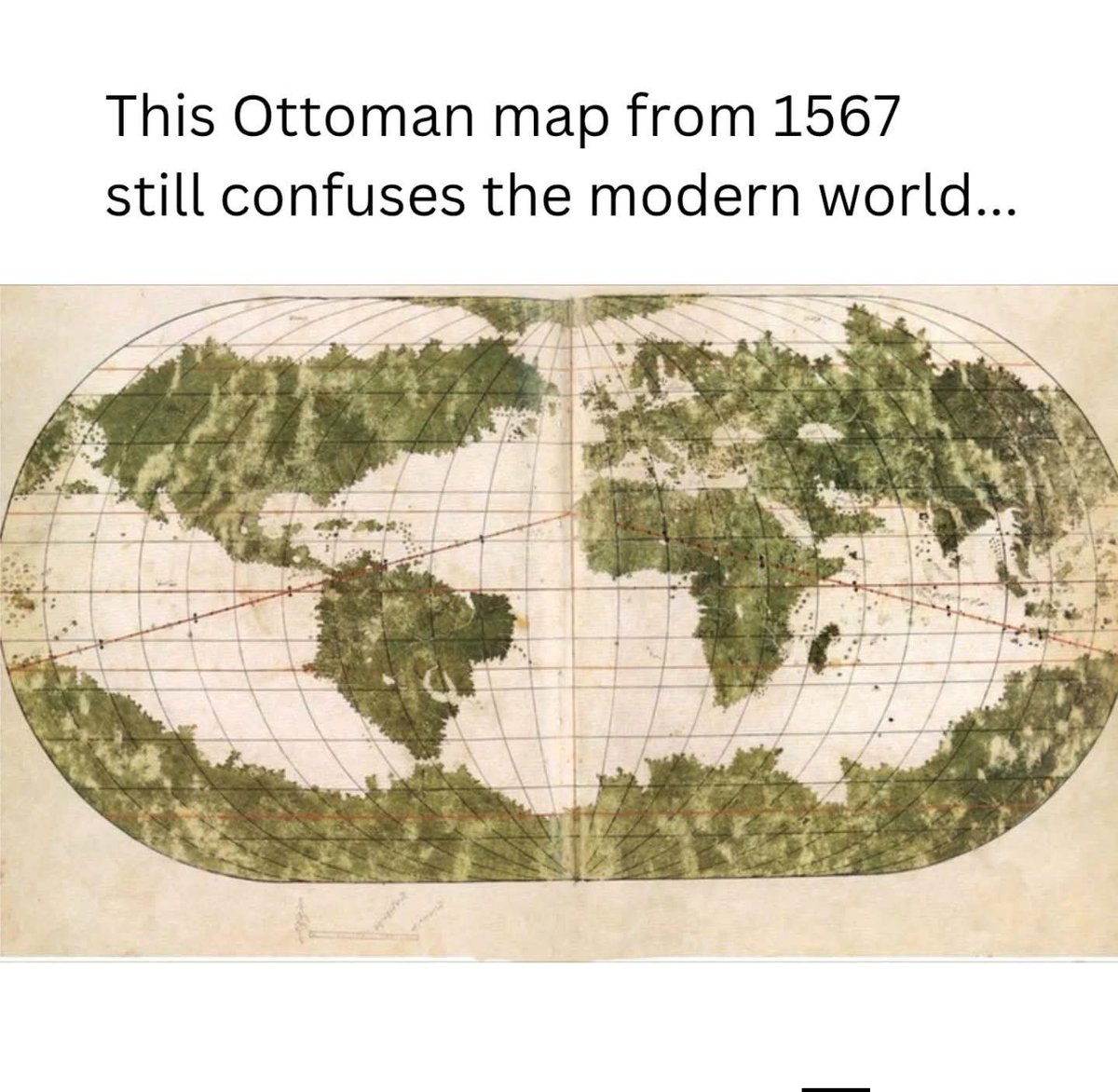Dr_TheHistories's tweet photo. More than 450 years ago, Ottoman navigator and cartographer Ali Macar Reis created a detailed world map that historians still examine today.

What makes it stand out is not just its age, but its surprising level of accuracy. At a time when global exploration was still incomplete, the map shows coastlines and continental shapes with proportions that seem ahead of its era. This was achieved without modern technology, relying instead on celestial navigation, accumulated sailor reports, and earlier maps from Mediterranean and Portuguese sources.

The map reflects how knowledge was shared across cultures during the age of exploration. Ottoman cartographers often compiled information from multiple traditions, combining Islamic scholarship with European discoveries. While some see it as evidence of lost or advanced knowledge, most historians view it as a powerful example of skilled mapmaking and global information exchange in the 16th century.

#drthehistories