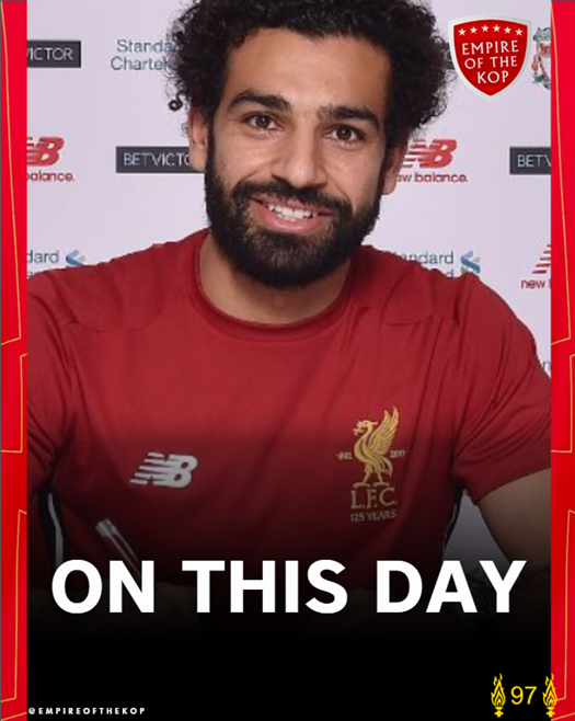 empireofthekop's tweet photo. On this day in 2017, Liverpool signed Mo Salah from AS Roma for just under £37m.

Nine years and 257 goals later, it's fair to say that it'll go down as one of the greatest signings in the Reds' history! 🇪🇬👑 #LFC https://t.co/AGbjgHQwr5