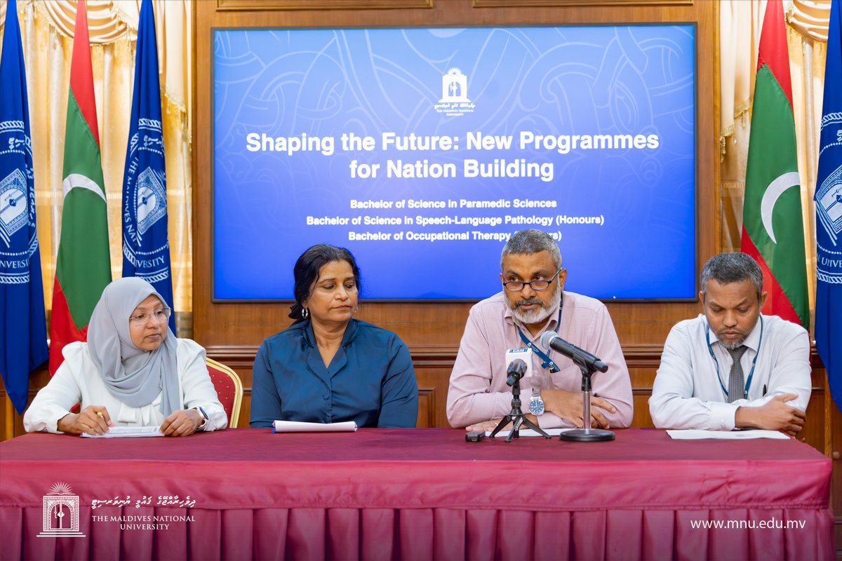 MNUedu's tweet photo. Shaping the Future: New Programmes for Nation Building

The Maldives National University has officially announced three new programmes that will help strengthen the nation's healthcare workforce and support the evolving needs of the Maldives.

The newly announced programmes are:
• Bachelor of Science in Paramedic Sciences
• Bachelor of Science in Speech-Language Pathology (Honours)
• Bachelor of Occupational Therapy (Honours)

These additions reflect MNU’s ongoing commitment to expanding educational opportunities, developing skilled professionals, and contributing to national development.

#MNU #No1UniversityintheMaldives