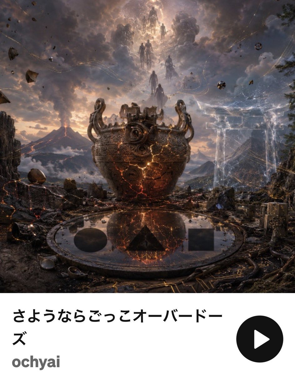 CASE_K3's tweet photo. このアルバムジャケットに『天孫帰るってよ？』のキーワード（〇△□、鏡、土器、噴火）がちりばめられている事に今ごろ気づいた。
リリースされた5/9の時点でうっすら新作の鳥居も描かれていた！
#天孫帰るってよ
#落合陽一 https://t.co/ebirzF8qXG