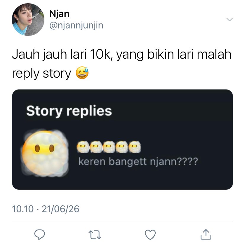 mengujin's tweet photo. #ohyangi jauh jauh lari 10k, yang bikin lari malah reply story https://t.co/FxYnU0x3if