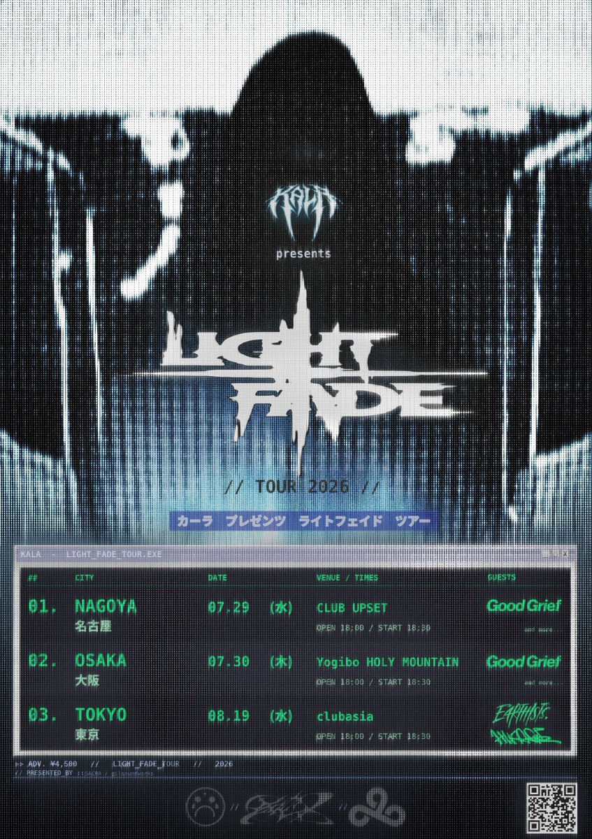 Kala's tweet photo. 「LIGHT FADE」 drops 7/1.

【LIGHT FADE TOUR 2026】
-7/29 (水) Nagoya · CLUB UPSET
-7/30 (木) Osaka · Yogibo HOLY MOUNTAIN
- 8/19 (水) Tokyo · clubasia

First-come advance ends 6/24, 23:59.
🎟️ Tickets → https://t.co/Imbk7SlqAv https://t.co/c6SeeqagRz