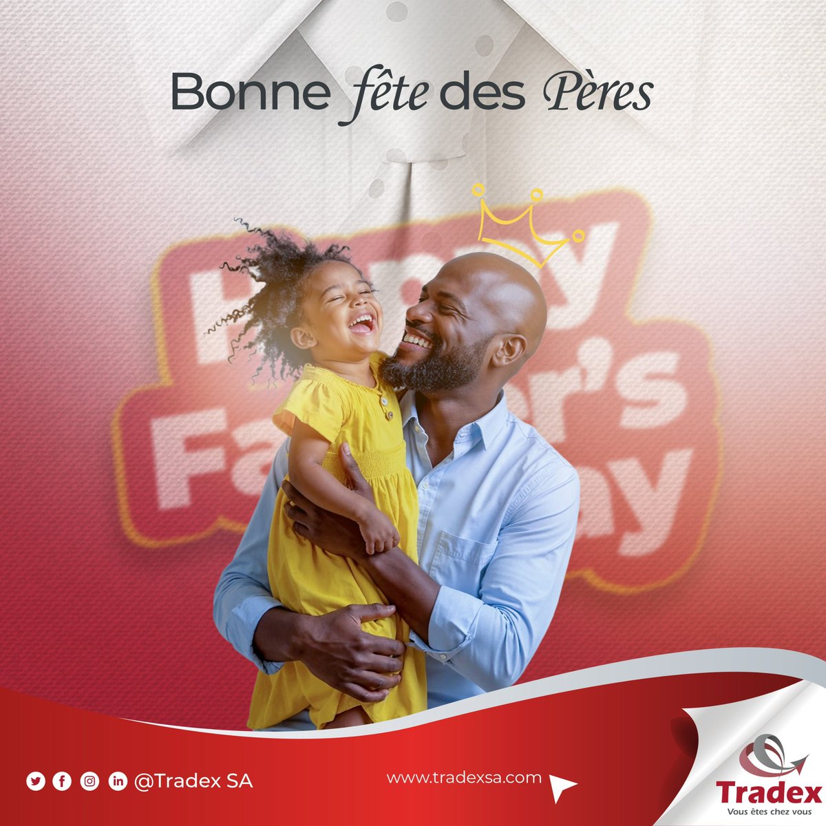 Tradex_SA's tweet photo. ❤️À tous les pères,
merci pour votre présence,
vos conseils,
votre patience et ces fameuses phrases que nous jurions ne jamais répéter... avant de devenir parents à notre tour !
Bonne fête des Pères à tous ces héros du quotidien. 💙
#FeteDesPeres #TRADEX https://t.co/tQ8Oo18COK