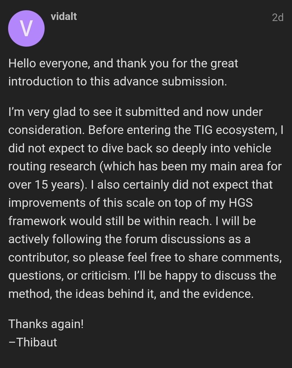 ChainlinkP's tweet photo. There's a lot going on in the world of $TIG the last few days. The most recent spaces was incredibly bullish with some new information. It's worth a listen. 

Here's a few things that stuck out to me:

It sounds like @vidalthi submitted a new underlying mathematical strategy, not just an implementation tweak that could very well be the biggest single jump in the modern history of vehicle routing.

You can imagine the implications of this for the protocol.

What's fascinating to me is that in the forum comments (https://t.co/E3olZKqEhi) he sounds genuinely surprised. And that's a good thing.