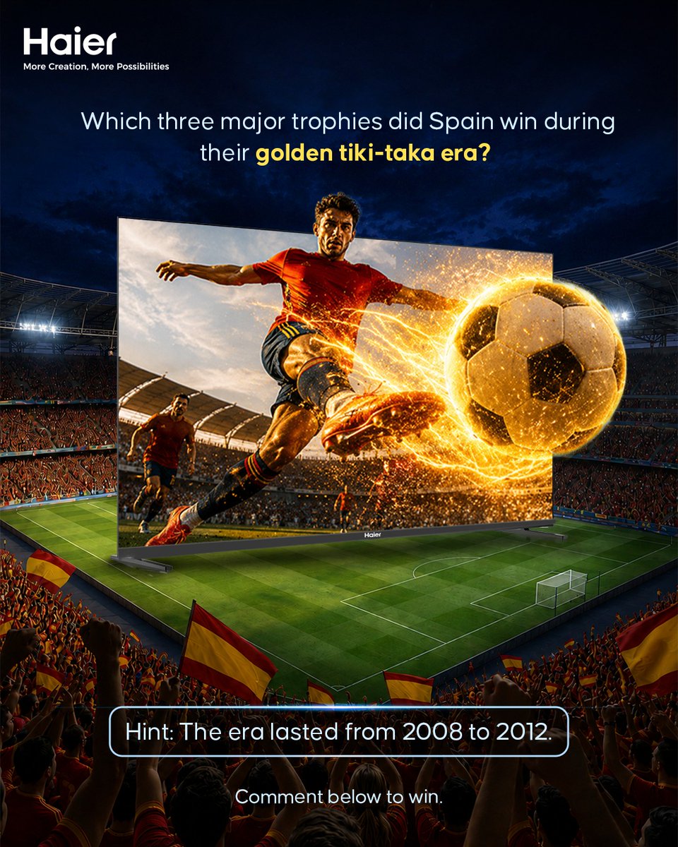 IndiaHaier's tweet photo. Relive one of football's greatest eras!
Take a shot at today's tiki-taka challenge. Comment your answer below and you could win exciting rewards.

#Haier #MoreCreationMorePossibilities #HaierHomeStadium #FIFAWorldCup https://t.co/w8iEgrk9R7