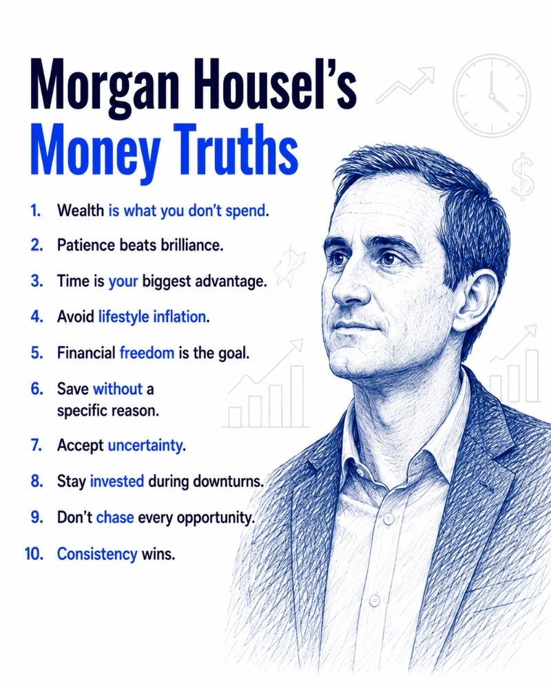GavBlaxberg's tweet photo. Most wealth building advice is complicated.

Morgan Housel's is simple:

• Patience beats brilliance
• Time is your biggest advantage
• Avoid lifestyle inflation
• Stay invested during downturns
• Consistency wins

Wealth is often built by what you don't do. https://t.co/acr3uxrEBF