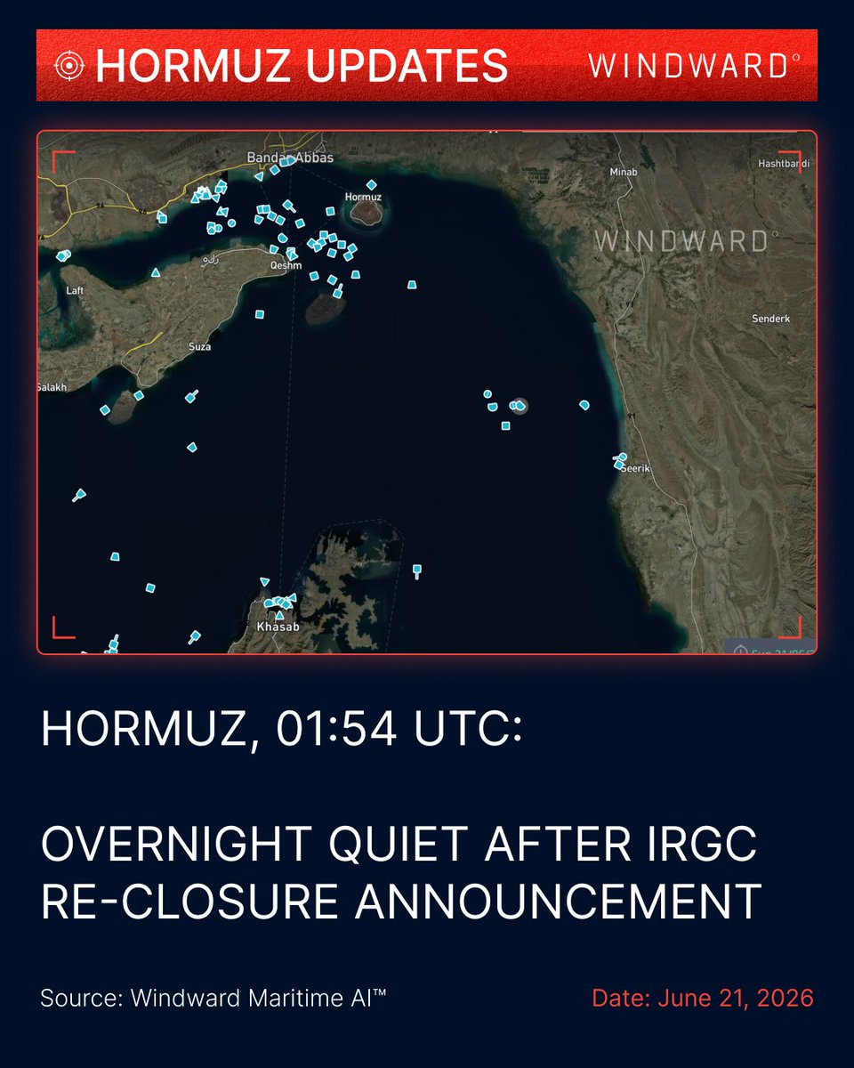 WindwardAI's tweet photo. Hours after the IRGC's closure announcement, AIS traffic through the Strait of Hormuz suggested business as usual.

But overnight, the picture shifted: zero AIS transits were recorded through the strait, and only two non-Iranian commercial vessels were AIS-visible this morning.

Hesitation is back in an already unpredictable corridor.