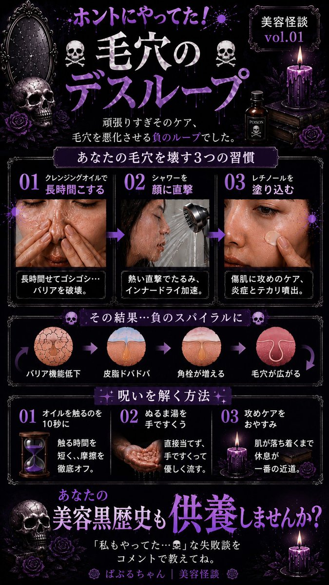 ___skincare___'s tweet photo. 🪻美容怪談 vol.01🪻

私、ぱぷるちゃんが毎晩やってた、本当にあった怖い話……

『☠毛穴のデスループ☠』

小鼻の黒ずみを消したくて  
・オイルで延々とゴシゴシ  
・乳化サボってシャワー顔面直撃  
・バリアズタズタの肌にレチノール流し込み

攻めてるつもりが、実は肌を自分で壊してました😱  
乾燥を恐れた肌が過剰皮脂を無限大爆発…負のループに完全ハマり💦

タップして全貌を見てみて🫣

あなたも「これやって後悔した…」って経験ありますか？  
「私も今まさにやってる」「これやってた…🪦」  
美容黒歴史、ぜひリプで教えてください！

みんなで供養しながら、二度と同じ失敗をしないようにしましょう🕯️💜

#美容怪談 #毛穴のデスループ #やりすぎスキンケア #スキンケア失敗談
