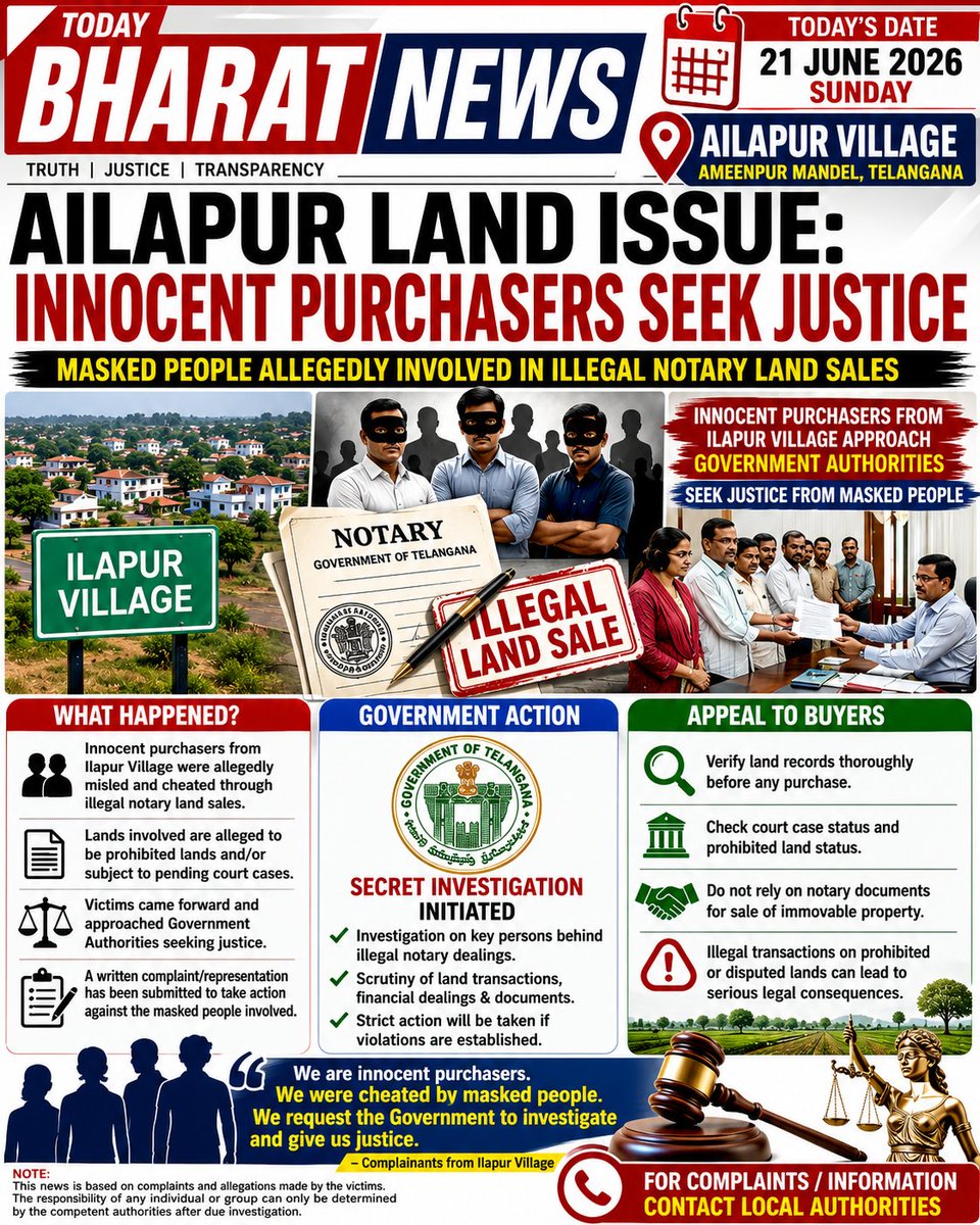 TodayBharatNews's tweet photo. Several innocent purchasers from Ilapur Village have approached authorities seeking justice over alleged illegal notary land transactions. Complaints have been submitted requesting a fair investigation and action against those responsible, if violations are established. #Ilapur https://t.co/OPD4b4UWZK