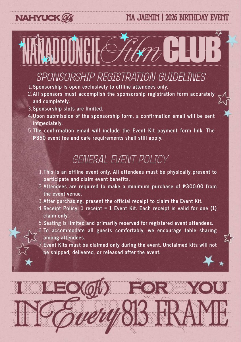 nahyuckph's tweet photo. I LEO(K) FOR YOU
IN EVERY 813 FRAME
A #Jaemin 2026 Birthday Event📷

⿻NANADOONGIE FILM CLUB
⿻Call for Sponsors!
Help us develop our vision into an 813 Frame, turning moments into shots worth keeping.

Sign up here:
🔗https://t.co/1IVQqcLKSb

#InEvery813Frame 
#JaeMuseofEveryFrame