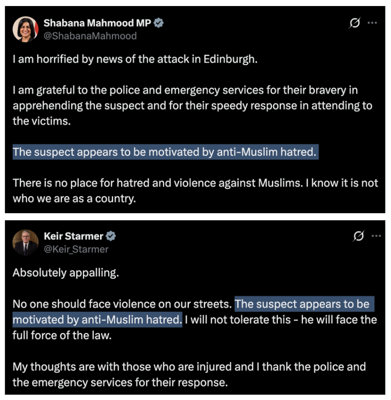 AntSpeaks's tweet photo. It's absolutely incredible that whenever a crime or terrorist attack takes place and the perpetrator is an ideologically motivated follower of Islam, politicians immediately tell us to remain calm, avoid speculation, and not spread division or hatred.

We hear it in the first 24 hours. Then 48 hours later. Sometimes even a week later.

Yet when someone commits a crime against members of the Muslim community, that caution and restraint immediately disappears.