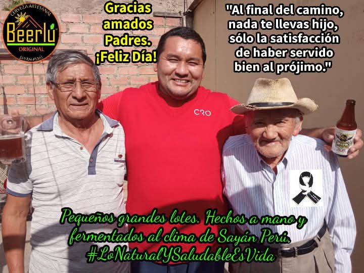 beerlu2016's tweet photo. Feliz Día del Padre en la Tierra y en el Cielo. Bienvenidos a Sayán Perú. Gracias. Cerveza artesanal Beerlú Original, desde el año 2016 llevamos con amor y respeto nuestra Marca PERÚ. Pequeños lotes hechos a mano y fermentados al clima. #LoNaturalYSaludableEsVida https://t.co/fqEH61FjPW