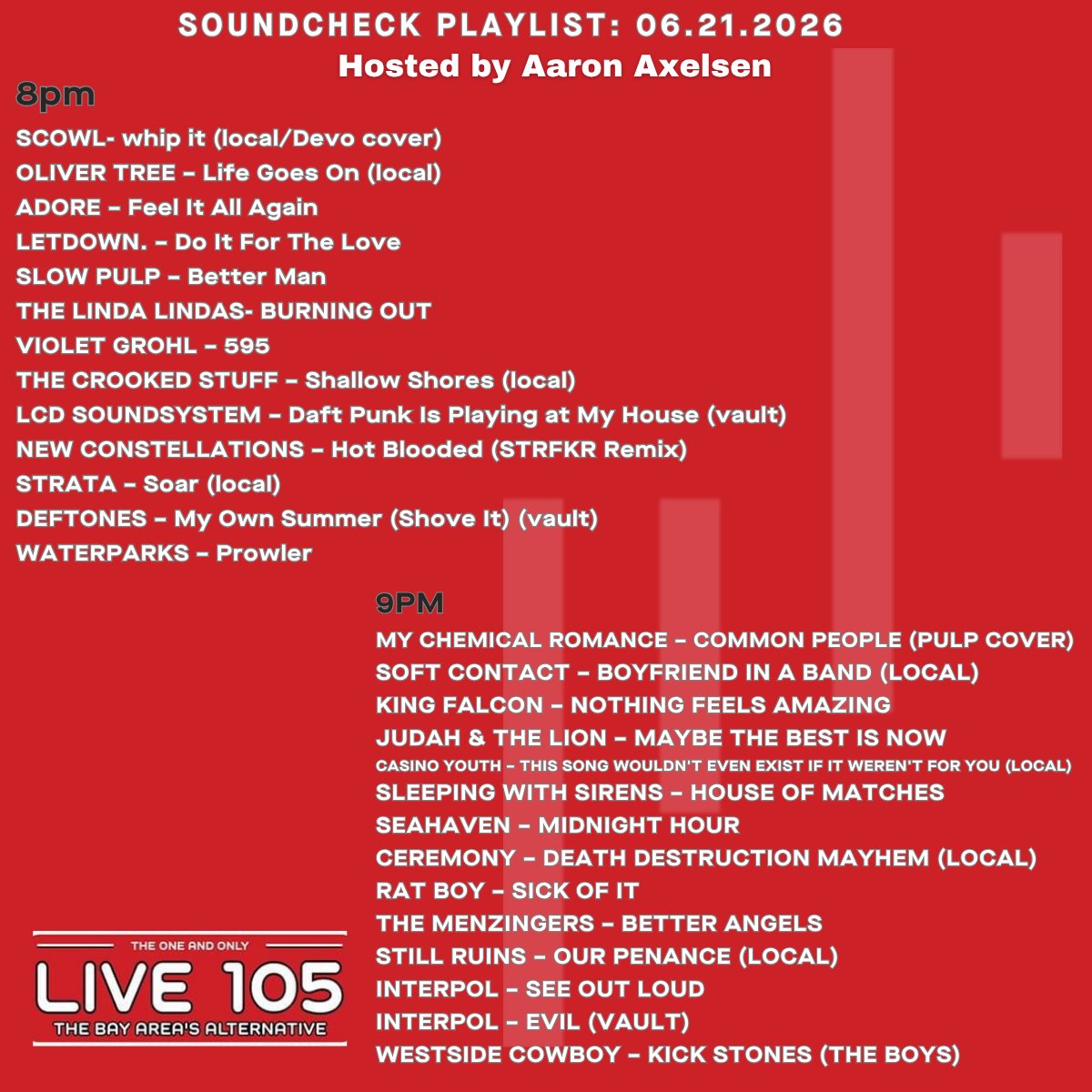 live105fm's tweet photo. Out favorite goth-jock dad, @AaronAxelsen, was back for two hours of new music &amp; Bay Area bands tonight on @Soundcheckspins! Here's what you heard on the show: https://t.co/34VmgRP1tK