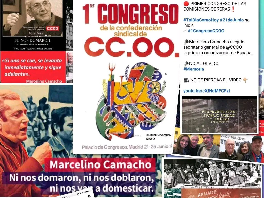 CulturaCcoo's tweet photo. "Ni nos domaron,
ni nos doblaron,
ni nos van a domesticar"

🔴 PRIMER CONGRESO DE LAS COMISIONES OBRERAS❗️

#TalDiaComoHoy #21deJunio se inicia 

✒️ #MarcelinoCamacho elegido S.G. dlas @CCOO

✒️NO AL OLVIDO 
#13CongresoCCOO

🎥 NO TE PIERDAS EL VÍDEO 👇🏼

https://t.co/MX8GxZnMEP… https://t.co/wxN7Gk6uGm