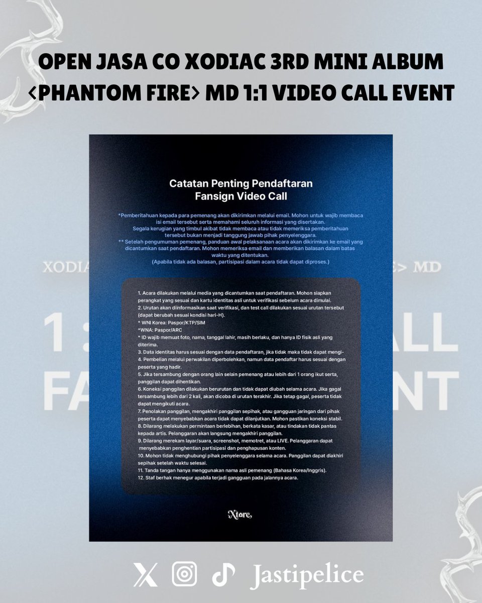 Jastipelice's tweet photo. OPEN JASA CO XODIAC 3RD MINI ALBUM <PHANTOM FIRE> MD 1:1 VIDEO CALL EVENT 

💸 DP start 455k
🎁 90 pemenang (10 per member)
🎁 9 winners (random) akan mendapatkan 1 signed Polaroid dari member pilihan mereka. 

Periode Pendaftaran :
⏰ 21 Juni 15:00 - 23:59 
📢 Pengumuman 22 Juni 2026 

📆 Tanggal Acara
— 2 Juli 2026 

📩 DM / WA 0822-1321-4899 untuk order & dibantu proses apply vce ya ♡ 

OPEN PO GO WH INA KOREA KR INDO