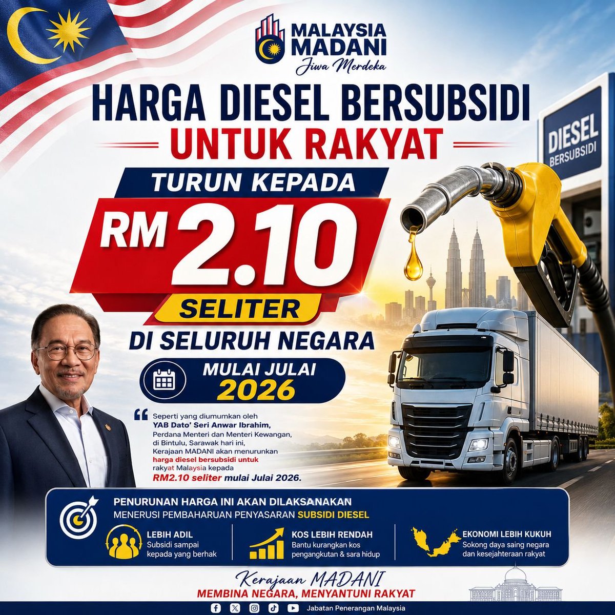SopiaN_M44's tweet photo. Diesel RM2.10 seliter mulai Julai 2026. Subsidi untuk rakyat, ekonomi lebih kuat. 🇲🇾 #MalaysiaMADANI https://t.co/8uo2r46UnZ