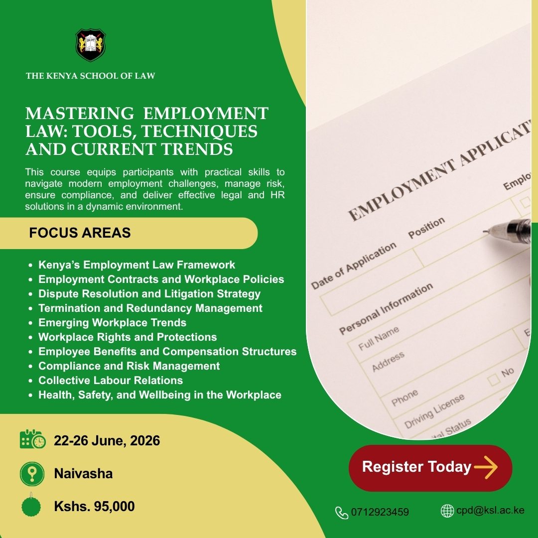 SchoolofLawKE's tweet photo. Starting tomorrow.
This is your final call to join a practical, high-impact training on modern employment law.
22–26 June 2026 | Naivasha
Register now: https://t.co/zqHjSm36LZ https://t.co/VxuyP3e7UT