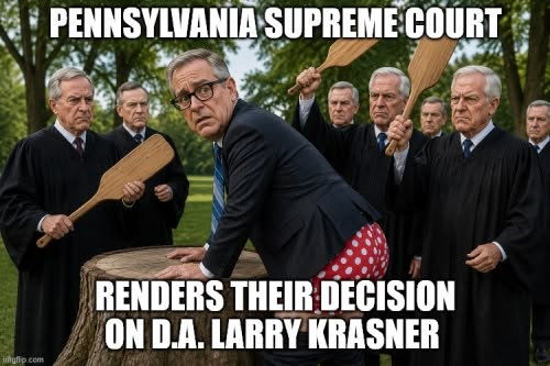 angrywebmaster's tweet photo. Pennsylvania Supreme Court paddles Philly DA #LarryKrasner #SorosDA #Crime #Pennsylvania #Law #Philadelphia #MAGA @HopalongAsks @TheDiplomad @ValliantRenegad @LegInsurrection @tkratman @KurtSchlichter @RonColeman @TheLibertyDoll @SarahAHoyt https://t.co/7Q3grRYq8y https://t.co/KdfmmTYc5Y